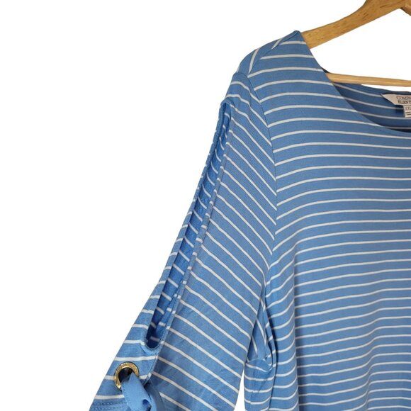 Ellen Tracy Company Stretchy Top Blue XXL White Stripe Cutout Sleeve Chiffon Hem - Picture 4 of 7